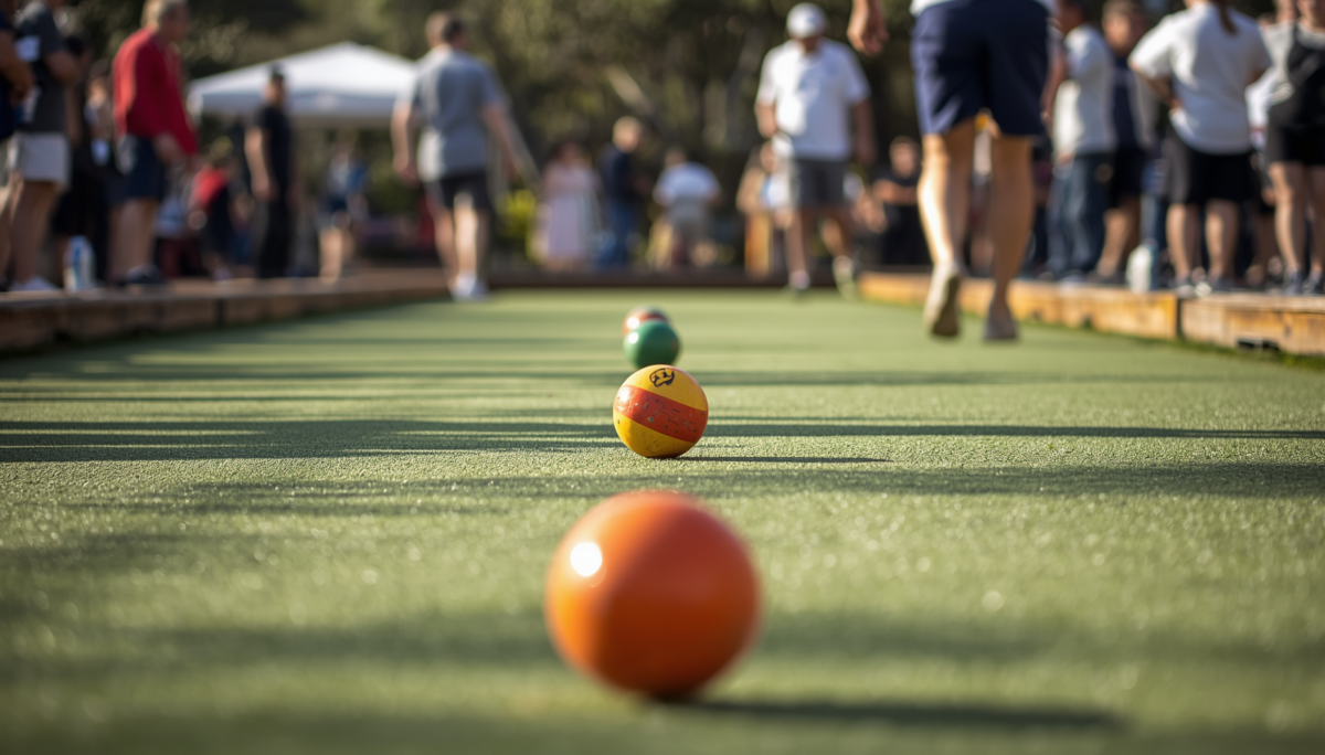 Gara Di Bocce In Corso, Campo Da Bocce Con Bocce Colorate Sul Terreno, Atmosfera Di Competizione Sportiva, Persone Che Giocano A Bocce, Ambiente All’aperto, Luce Naturale